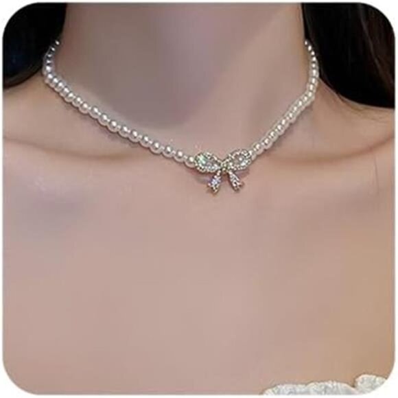 Boho Shiny Pearl Rhinestones Bow Choker Necklaces Dainty Rhinestones Pearls - Picture 3 of 14
